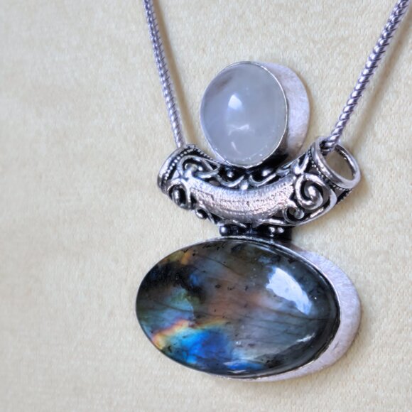 Labradorite Moonstone Decorative Bail Pendant Sterling Necklace Handcrafted NWOT - Picture 4 of 9